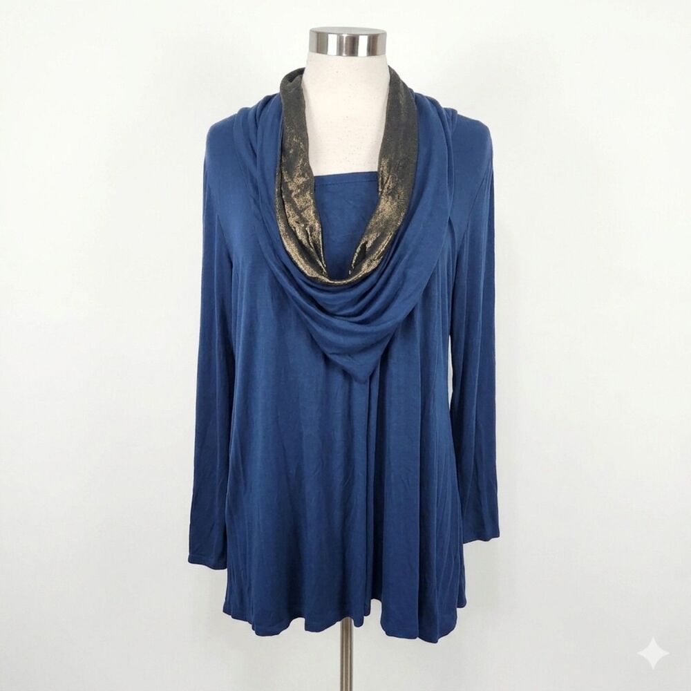 LOGO LORI GOLDSTEIN Womens Shiny DRAPE NECK Tunic Top XL Stretch Navy  Long Slv